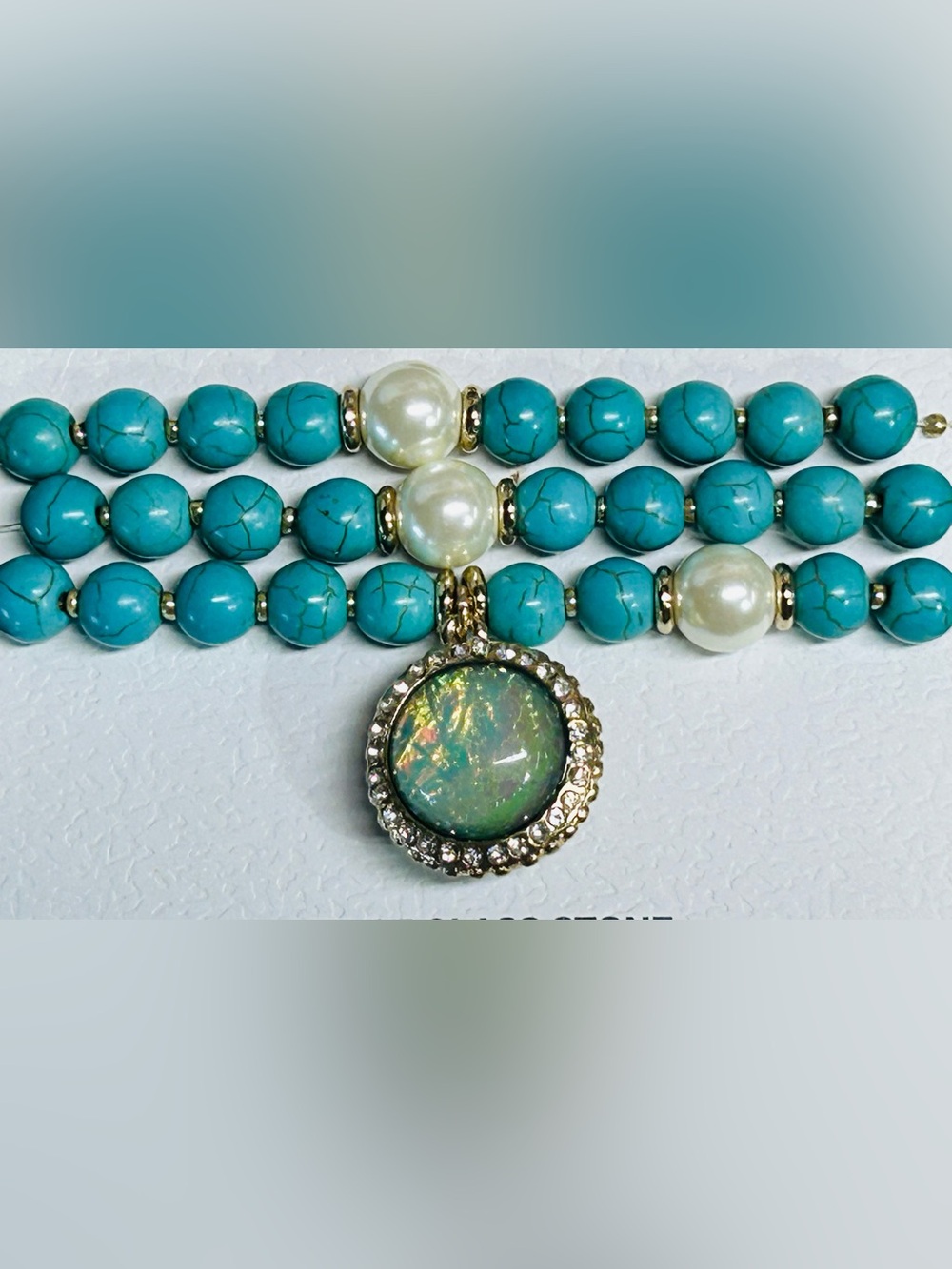 Bracelet Beaded Turquoise Blue Glass & Stone Beads 3 Strand